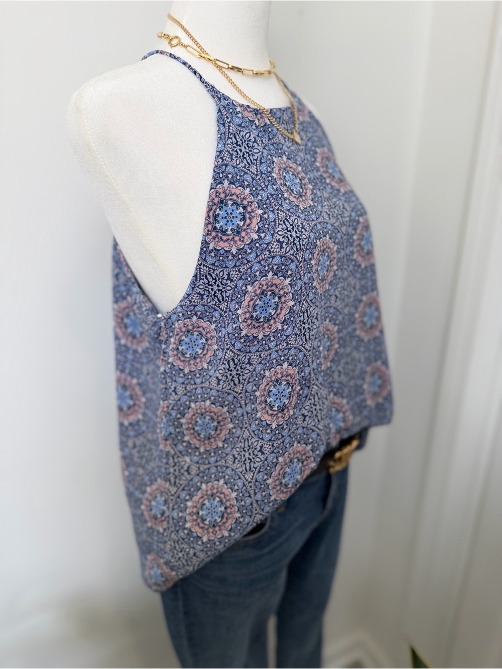 Paper Crane Medallion Print Halter Tank Top Blue Pink Boho Flowy Medium - Picture 3 of 9
